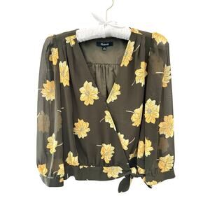 MADEWELL | Effie Green Floral Wrap Blouse Tie Front Long Sleeve Top | Small